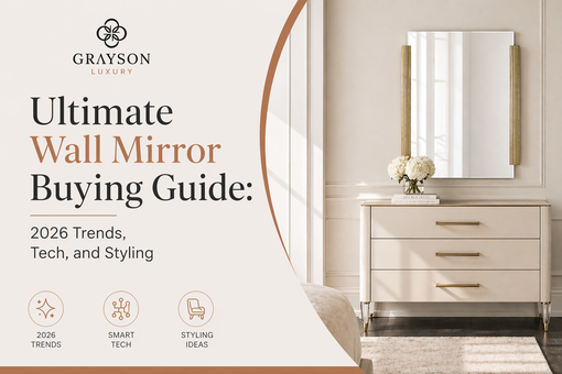 Modern bedroom interior with a wall mirror above a white dresser, gold accents, and decorative flowers; promotional text highlights a wall mirror buying guide.