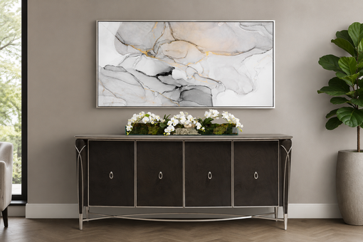 Luxury sideboard cabinet with abstract wall art, white orchid centerpiece, and indoor plant in a contemporary living room interior.