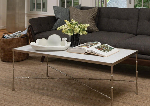 Global Views Spike Cocktail Table-Antique Nickel-White Marble Top