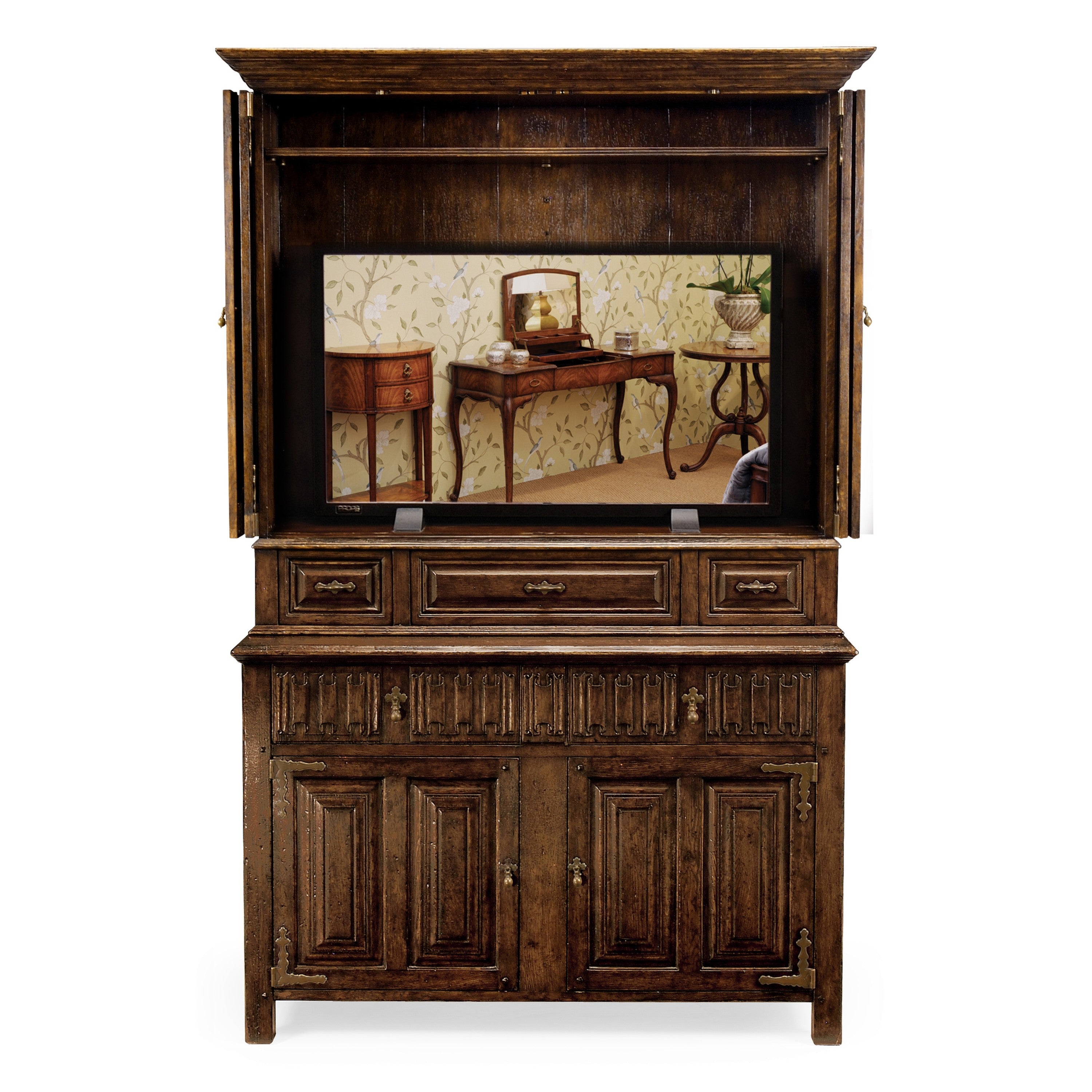 Jonathan Charles Linenfold Dark Oak TV Cabinet ( 493177-TDO )