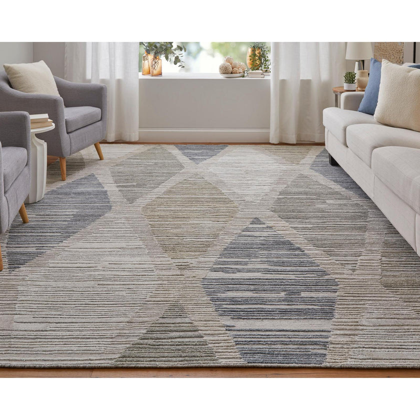 Feizy Elias 69FWF Modern Diamond Rug in Ivory/Blue/Brown