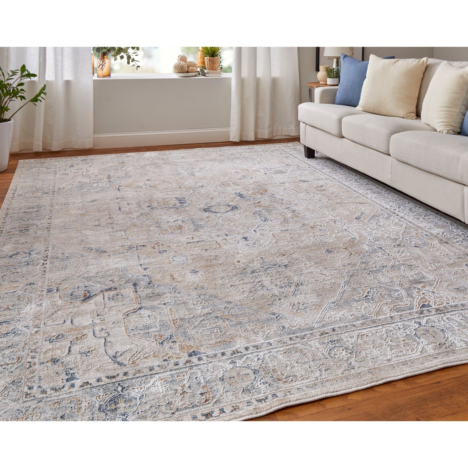 Feizy Pasha 39M5F Transitional Medallion in Ivory/Taupe/Blue