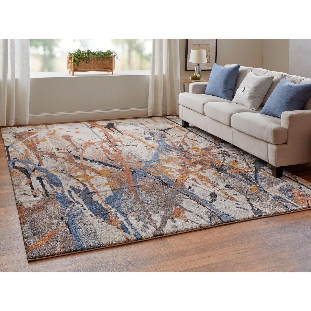 Feizy Gilmore 39MPF Modern Watercolor Rug in Blue/Orange/Gray