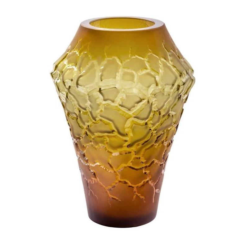 An elegant, textured luxury glass vase with a gradient from yellow to amber, showcasing intricate patterns and unique shapes.
