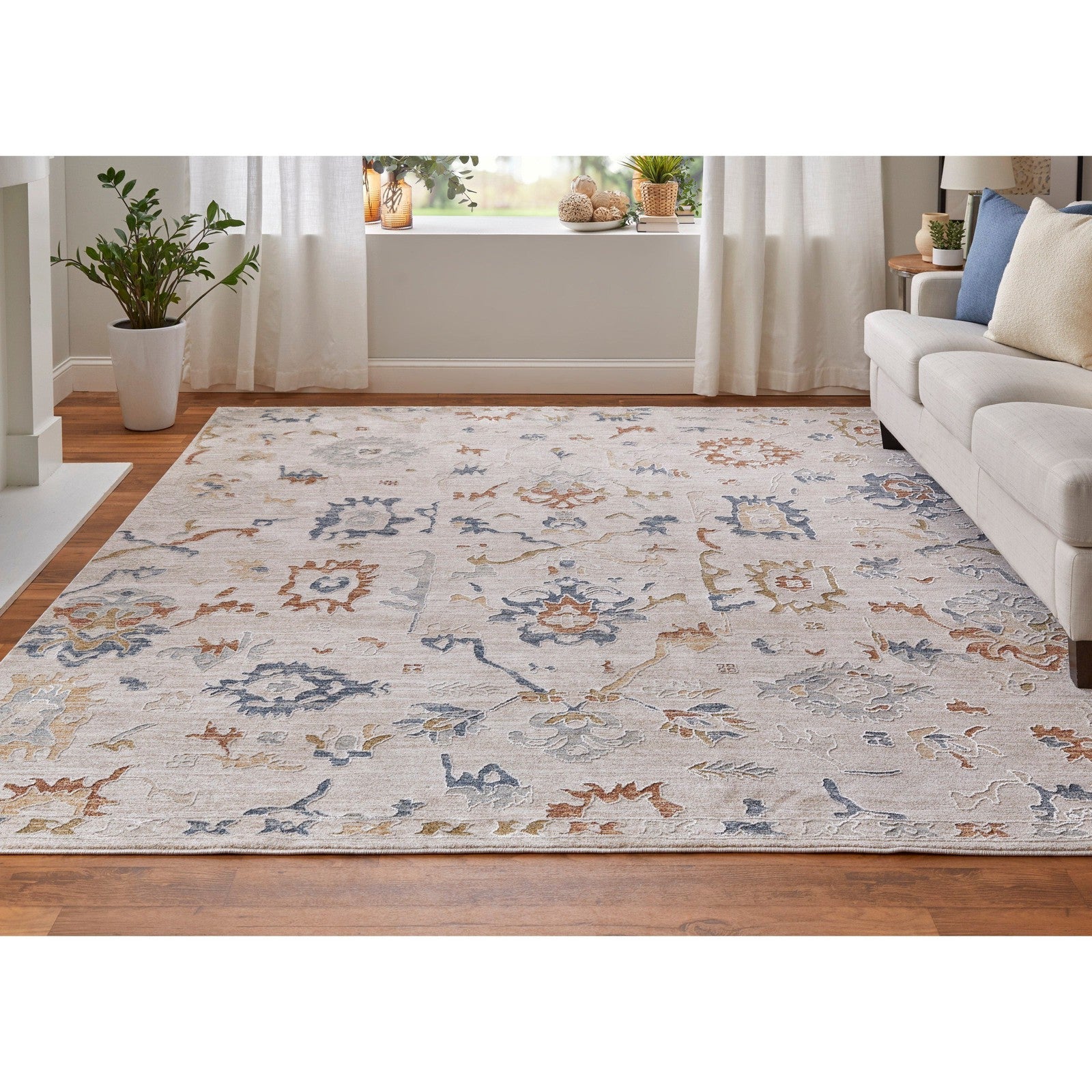 Feizy Pasha 39M8F Transitional Floral & Botanical in Ivory/Blue/Gold