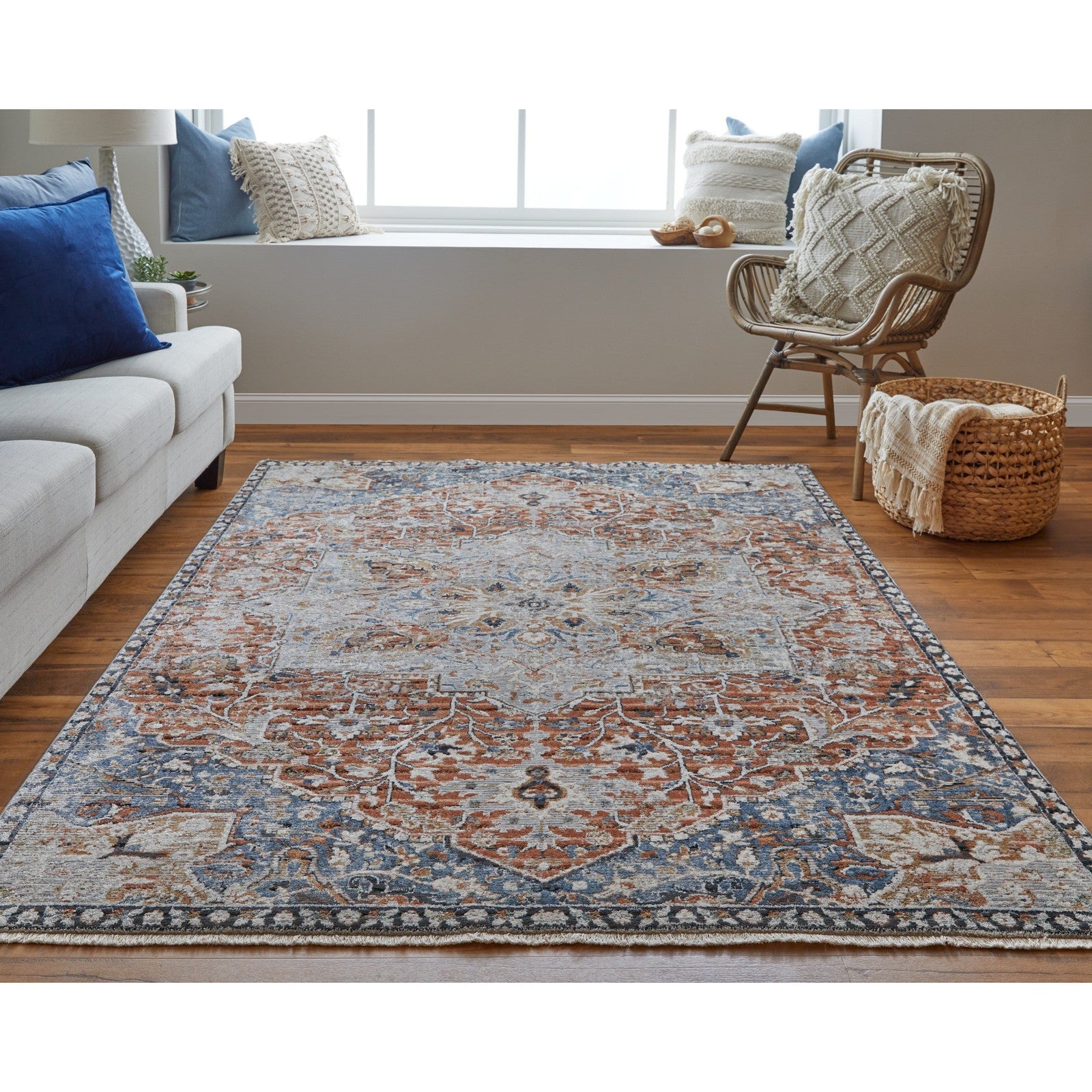 Feizy Kaia 39HXF Transitional Medallion in Orange/Ivory/Blue