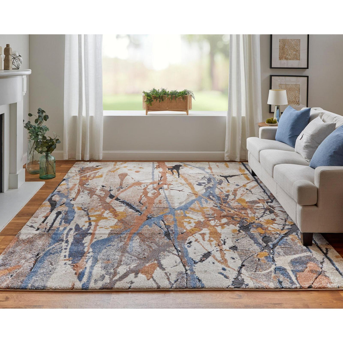 Feizy Gilmore 39MPF Modern Watercolor Rug in Blue/Orange/Gray