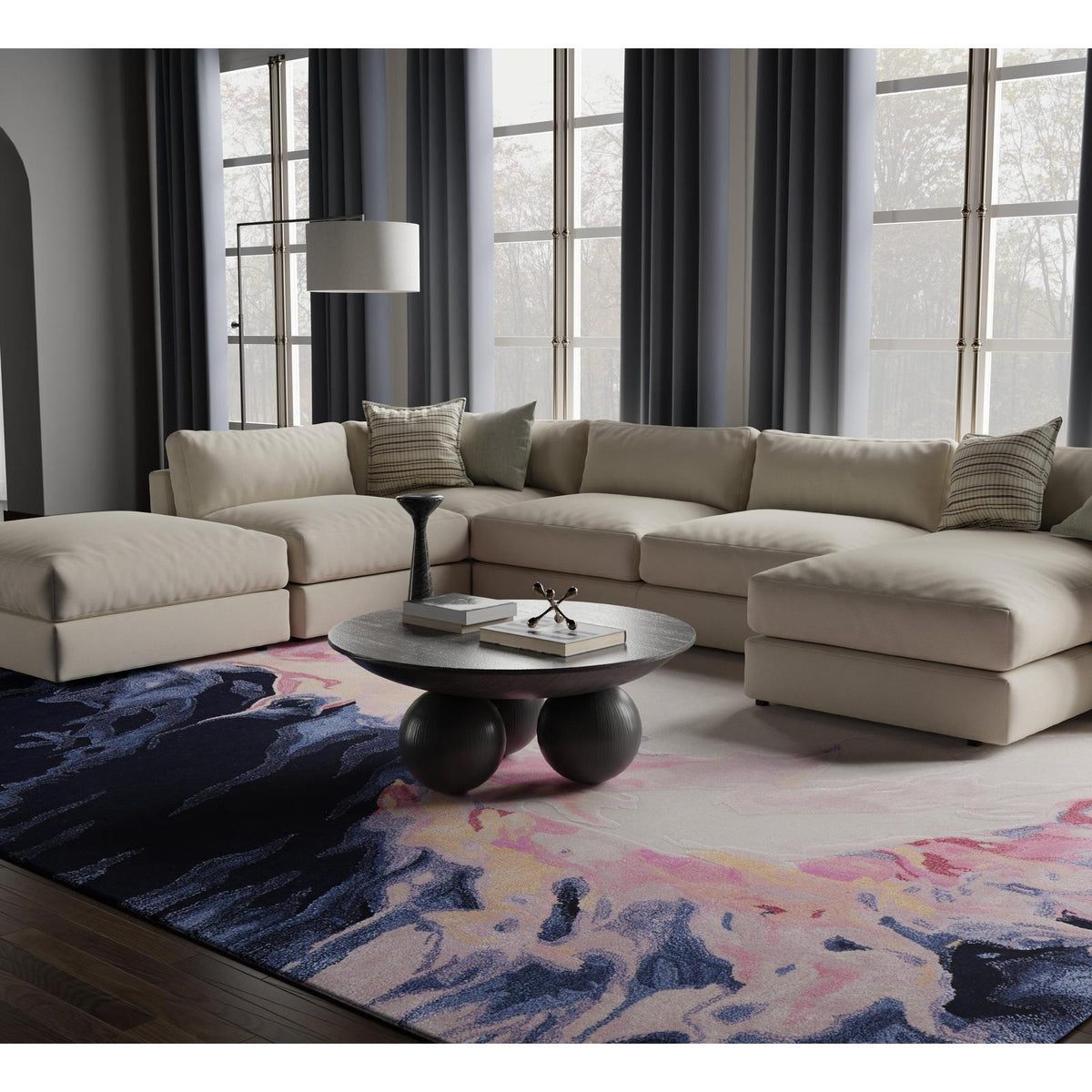 Feizy Kawai 8985F Modern Abstract Rug in Pink/Blue/Ivory
