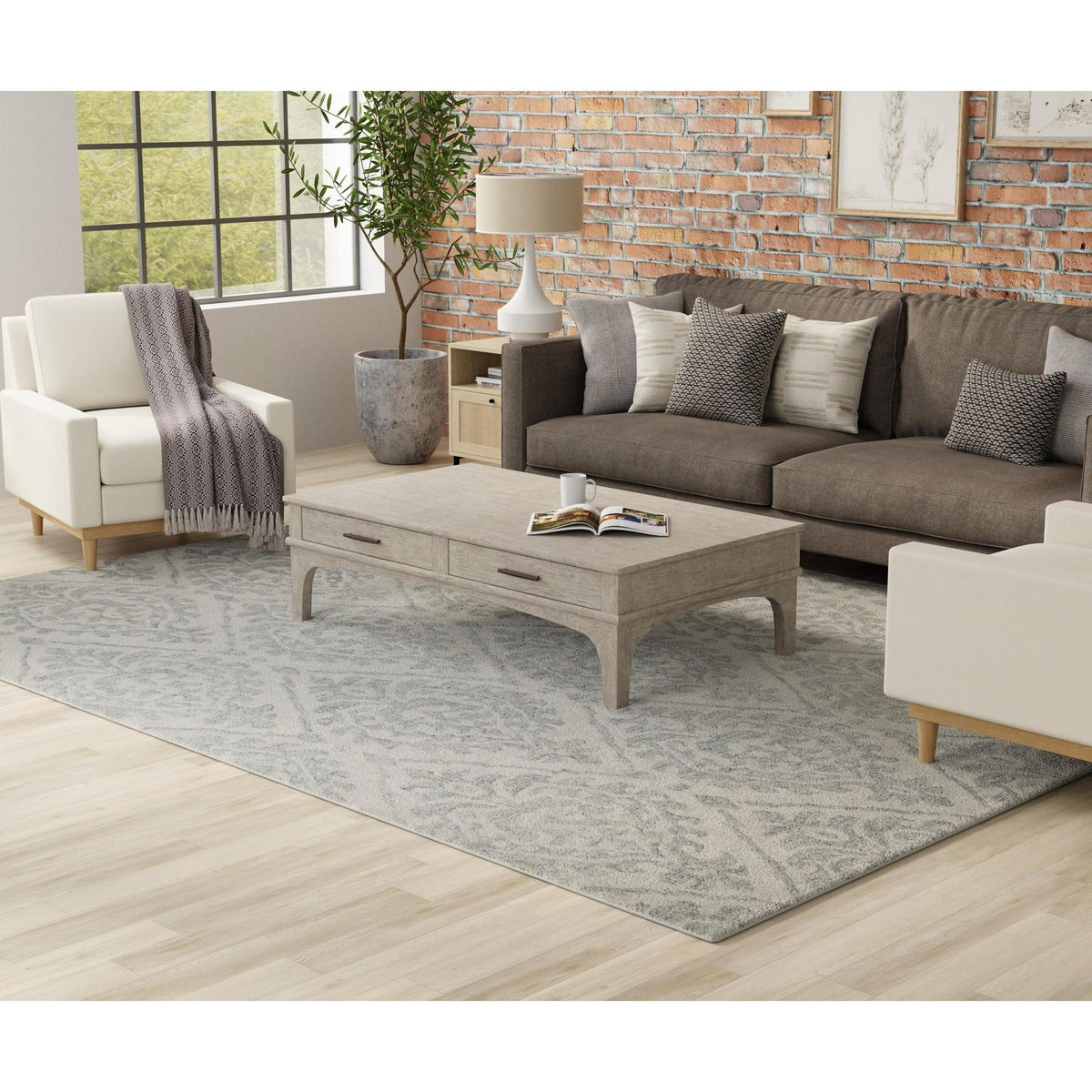 Feizy Belfort 8A29F Traditional Floral & Botanical Rug in Ivory/Gray