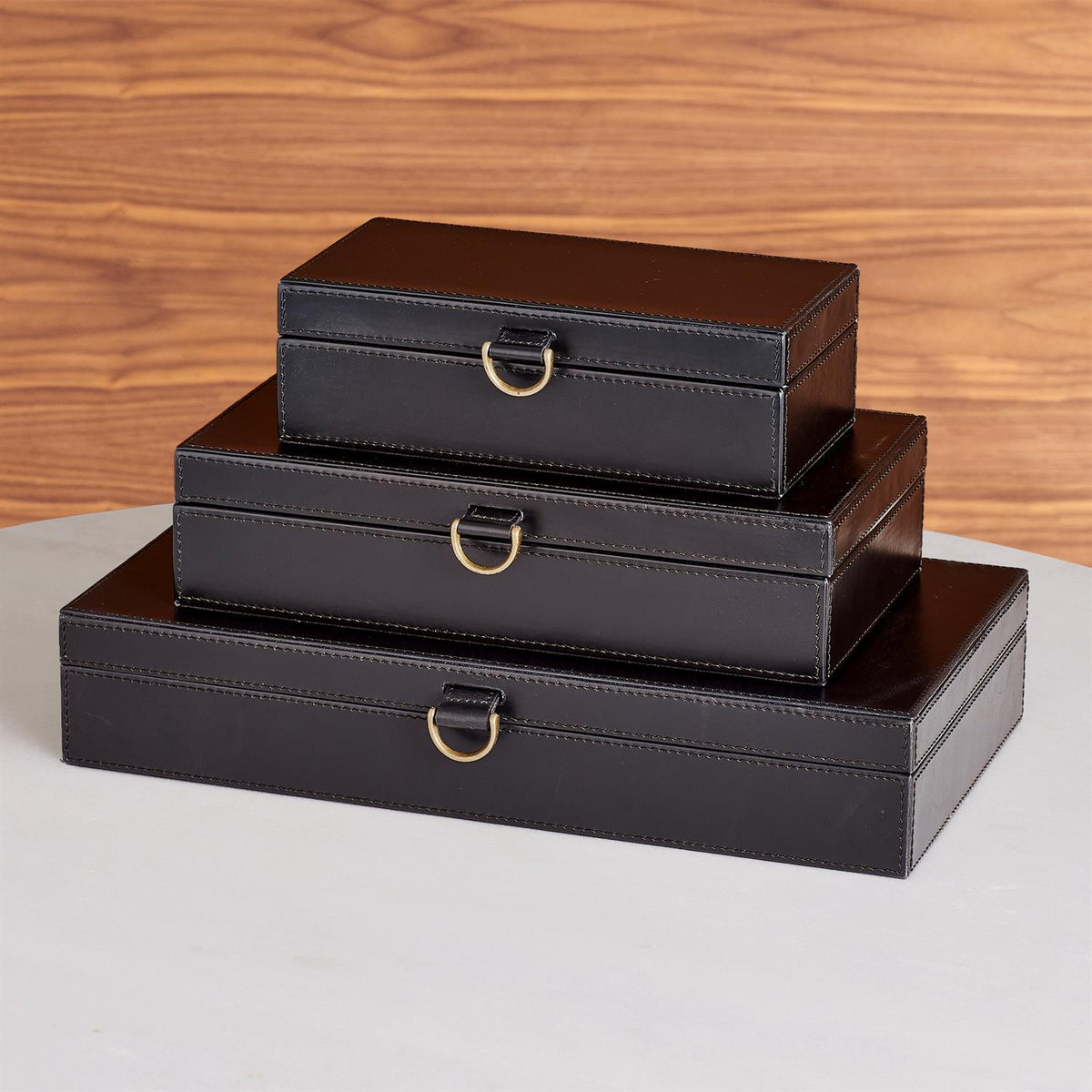Global Views Marbled Leather D Ring Box - Black