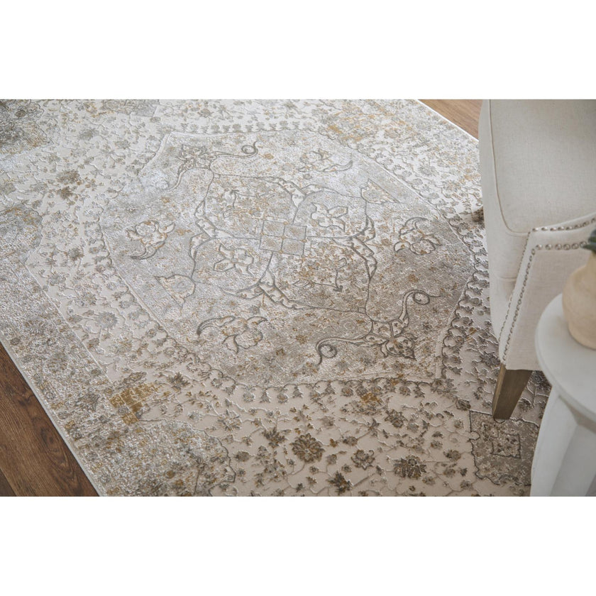 Feizy Cadiz 39T0F Traditional Medallion Rug in Ivory/Gray/Gold