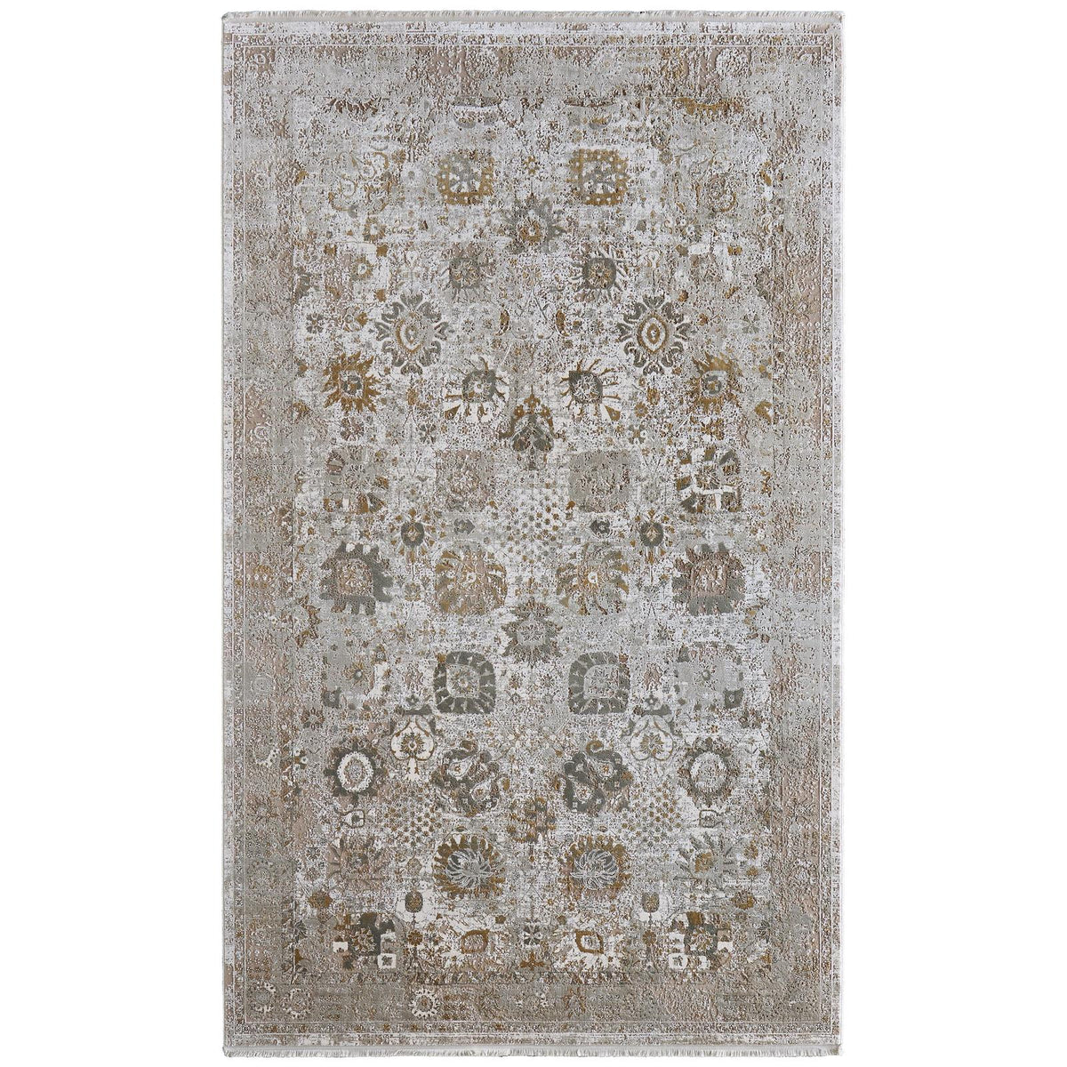 Feizy Cadiz 39SZF Traditional Floral & Botanical Rug in Ivory/Gray/Gold