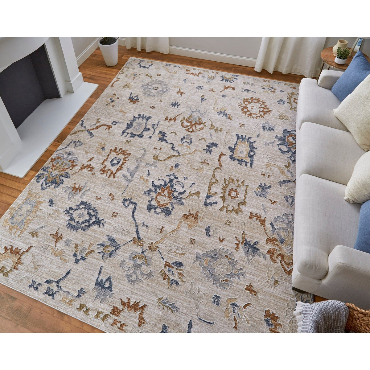 Feizy Pasha 39M8F Transitional Floral & Botanical in Ivory/Blue/Gold