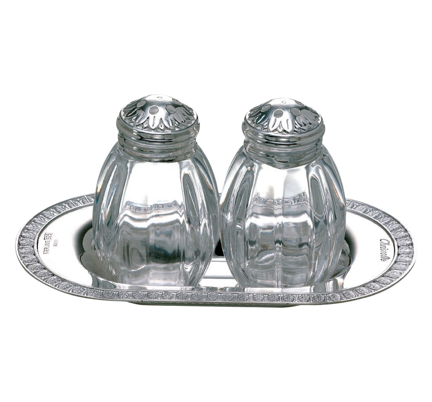 Christofle Malmaison Sterling Silver Salt And Pepper Shaker Set On Tray