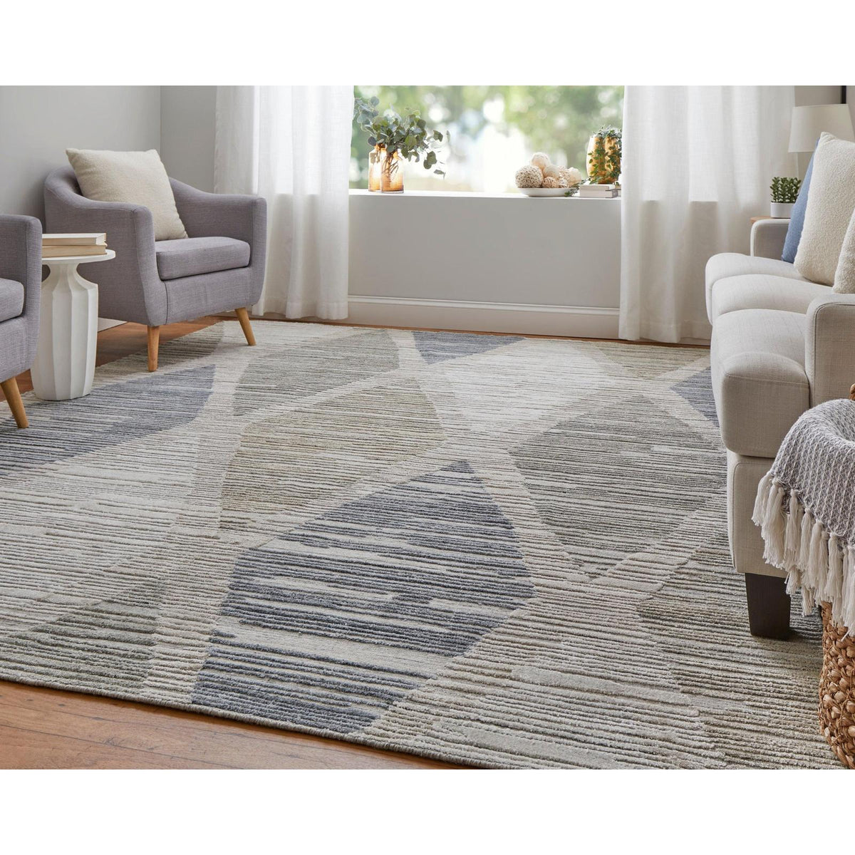Feizy Elias 69FWF Modern Diamond Rug in Ivory/Blue/Brown