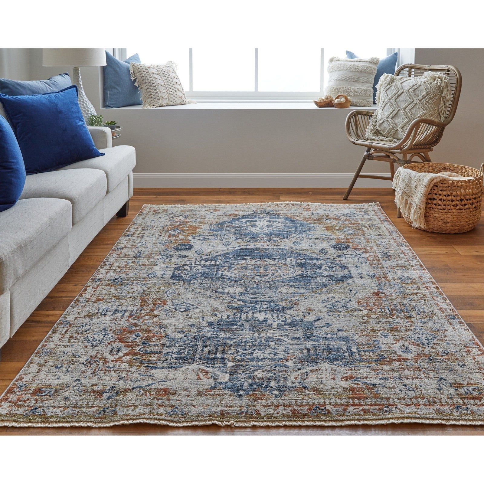 Feizy Kaia 39HWF Transitional Medallion in Ivory/Orange/Blue