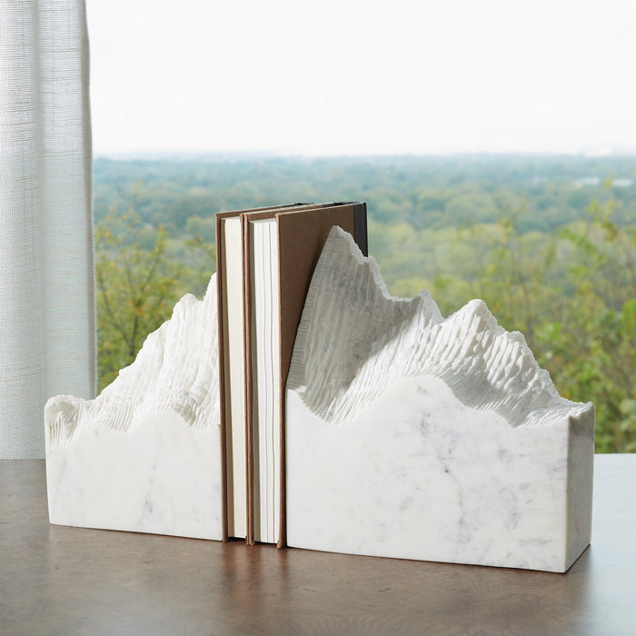 Global Views Mountain Summit Bookends - White Marble - Set of 2