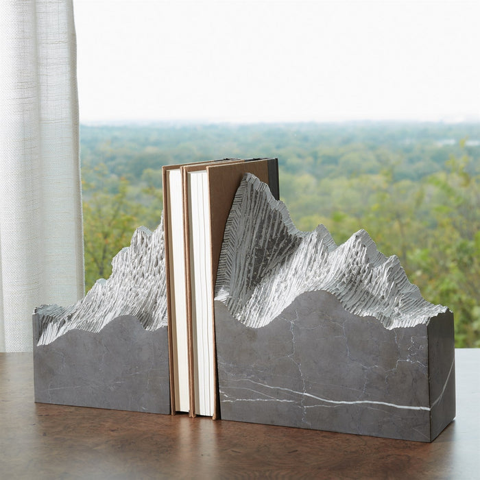 Global Views Mountain Summit Bookends - Grey Marble - Set of 2