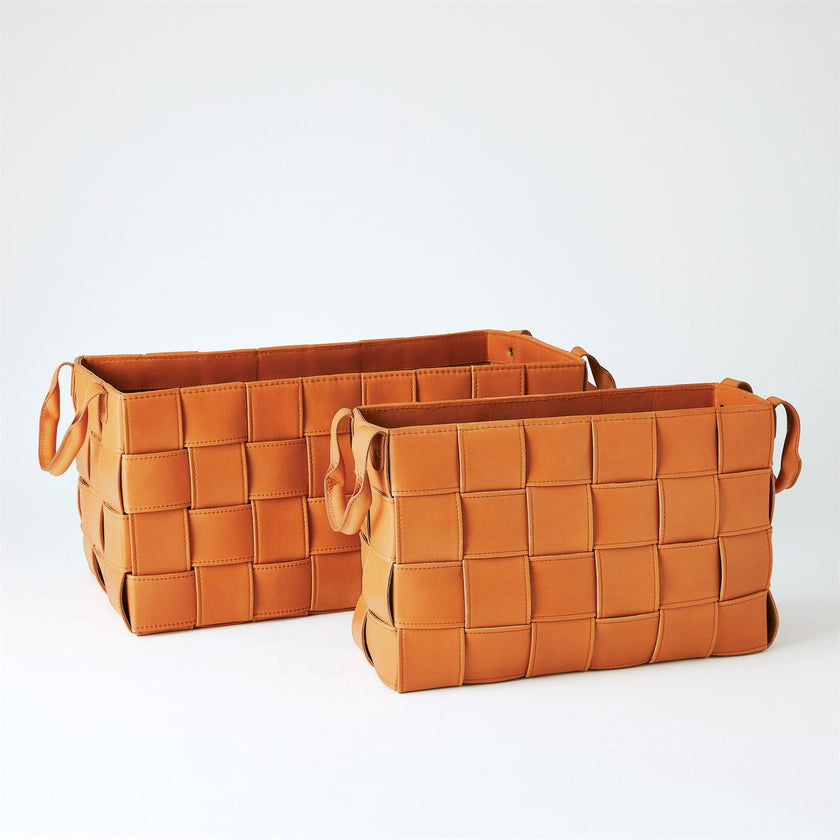 Global Views Soft Woven Leather Basket - Orange