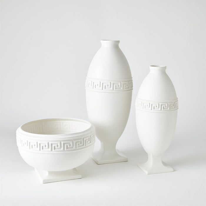 Global Views Greek Key Vase & Bowl - White