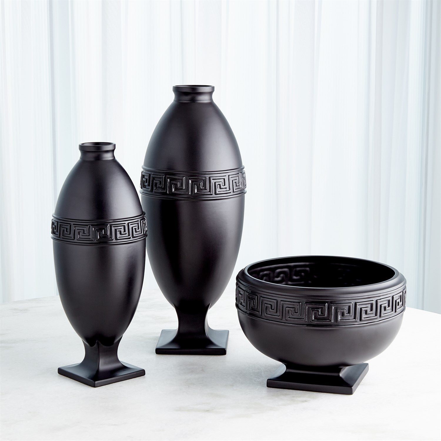 Global Views Greek Key Vase & Bowl - Black