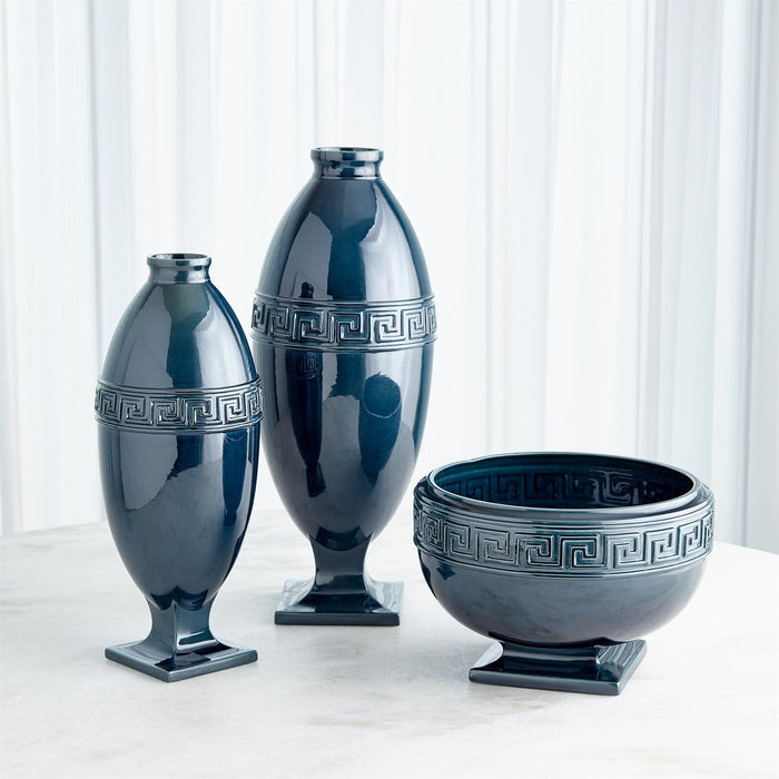 Global Views Greek Key Vase & Bowl - Azure