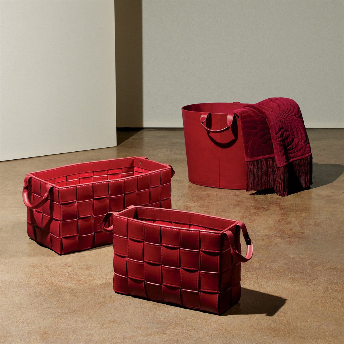 Global Views Soft Woven Leather Basket - Deep Red