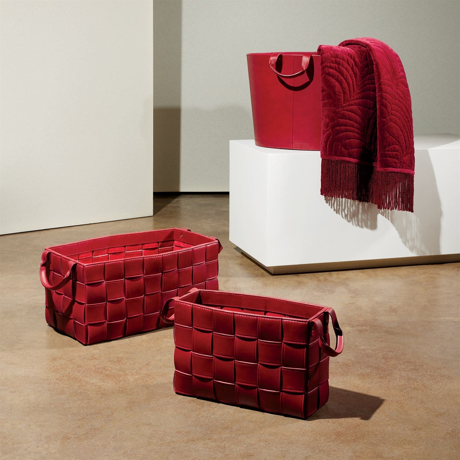 Global Views Oversized Oval Leather Basket - Deep Red