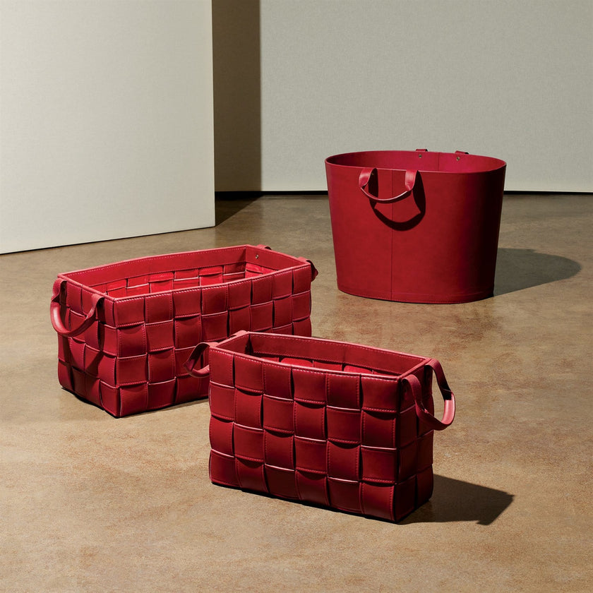 Global Views Soft Woven Leather Basket - Deep Red