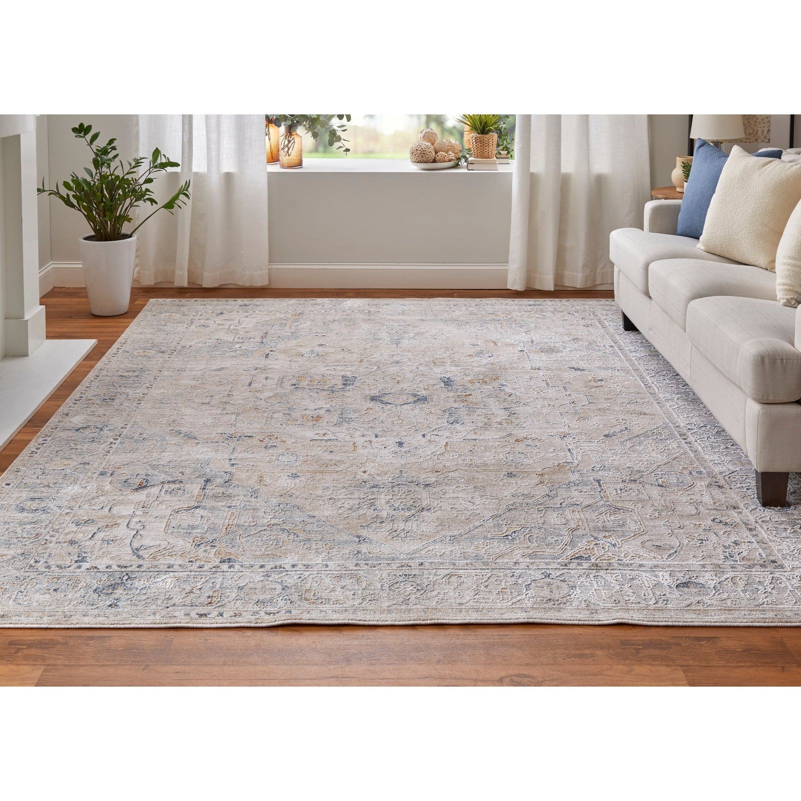 Feizy Pasha 39M5F Transitional Medallion in Ivory/Taupe/Blue