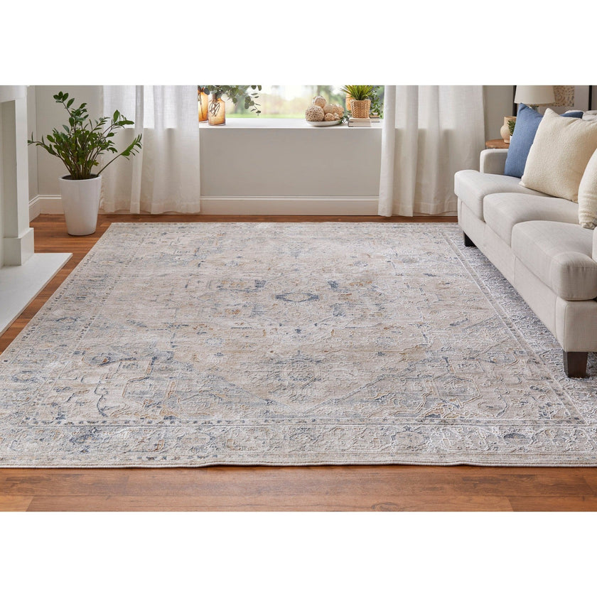 Feizy Pasha 39M5F Transitional Medallion in Ivory/Taupe/Blue