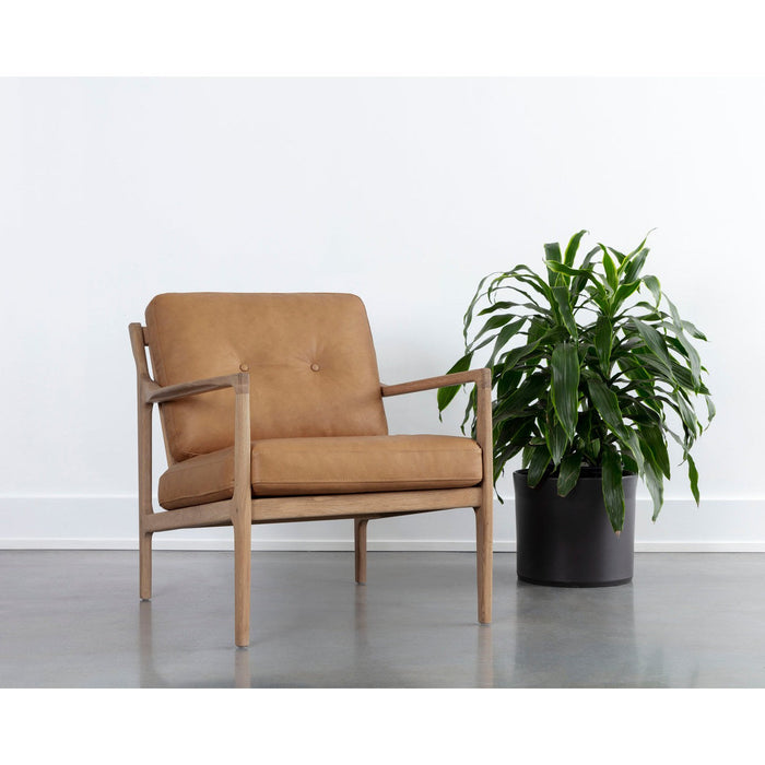 Sunpan Gilmore Lounge Chair - Light Oak - Sahara Camel Leather