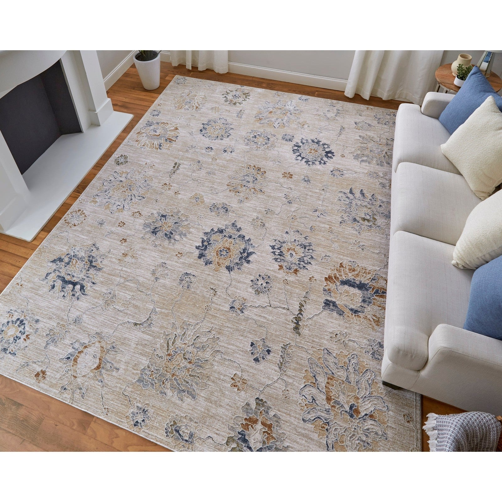 Feizy Pasha 39M9F Transitional Floral & Botanical in Taupe/Ivory/Blue