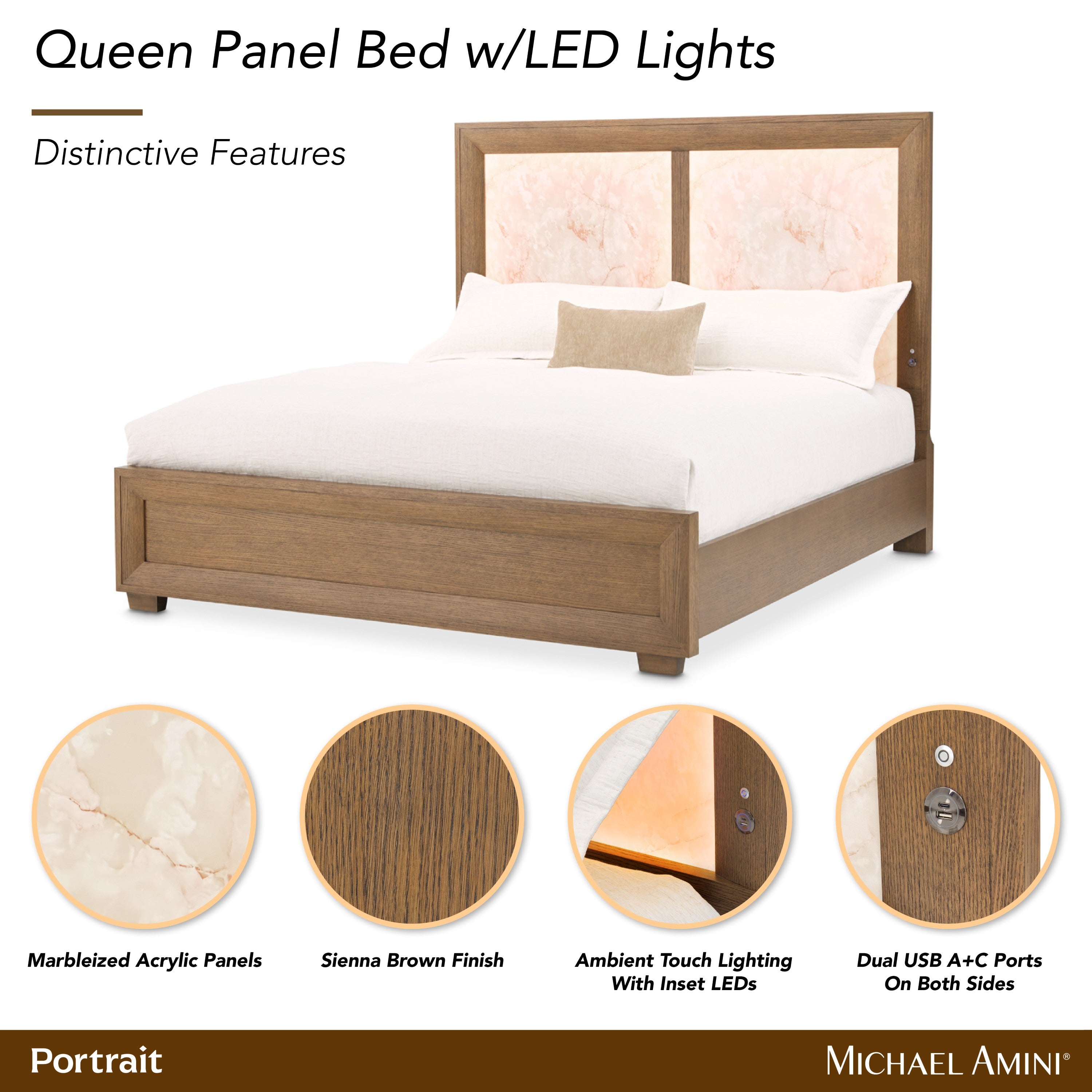 Michael Amini Portrait Panel Bed with LED Lights - Sienna Brown