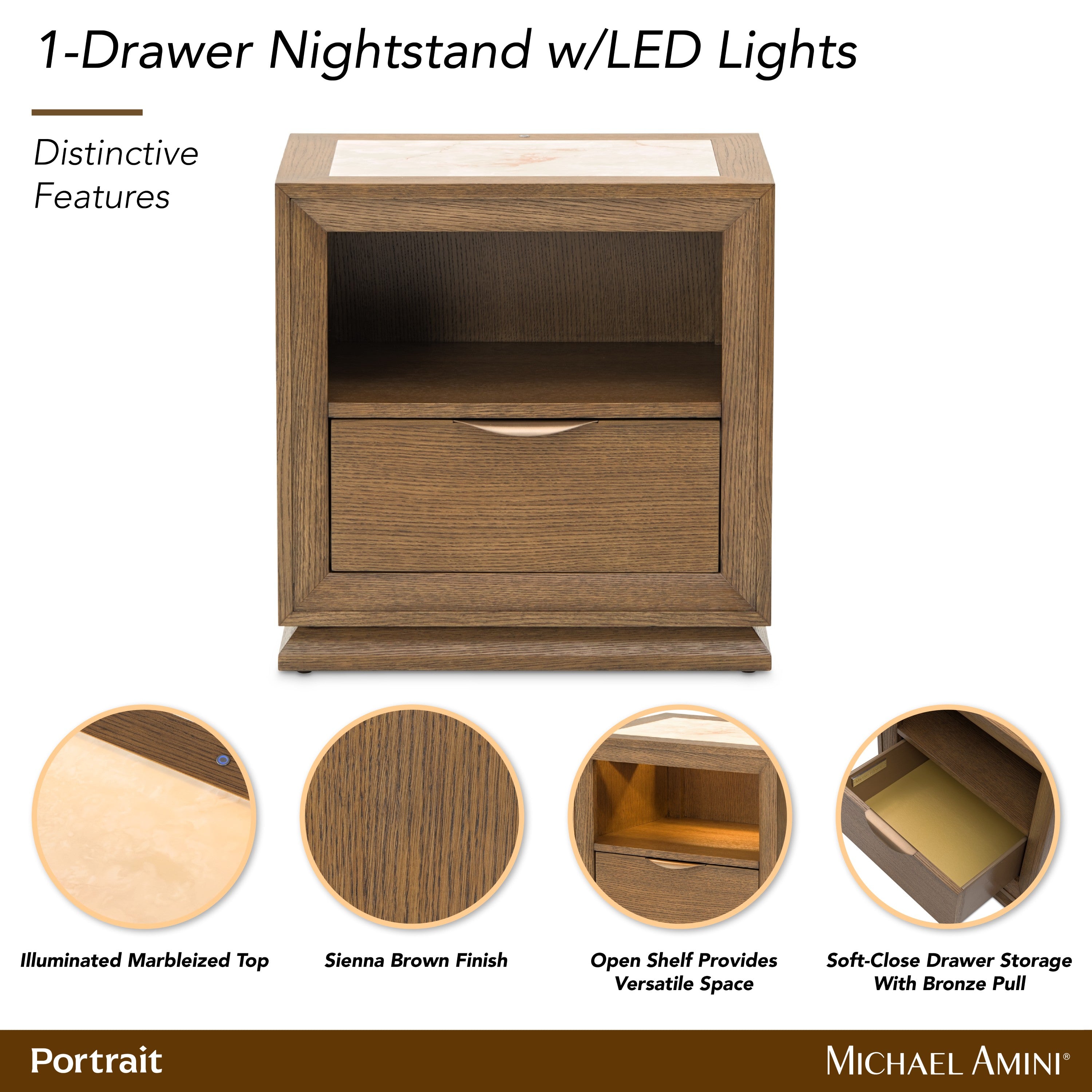 Michael Amini Portrait 1-Drawer Nightstand with LED Lights - Sienna Brown