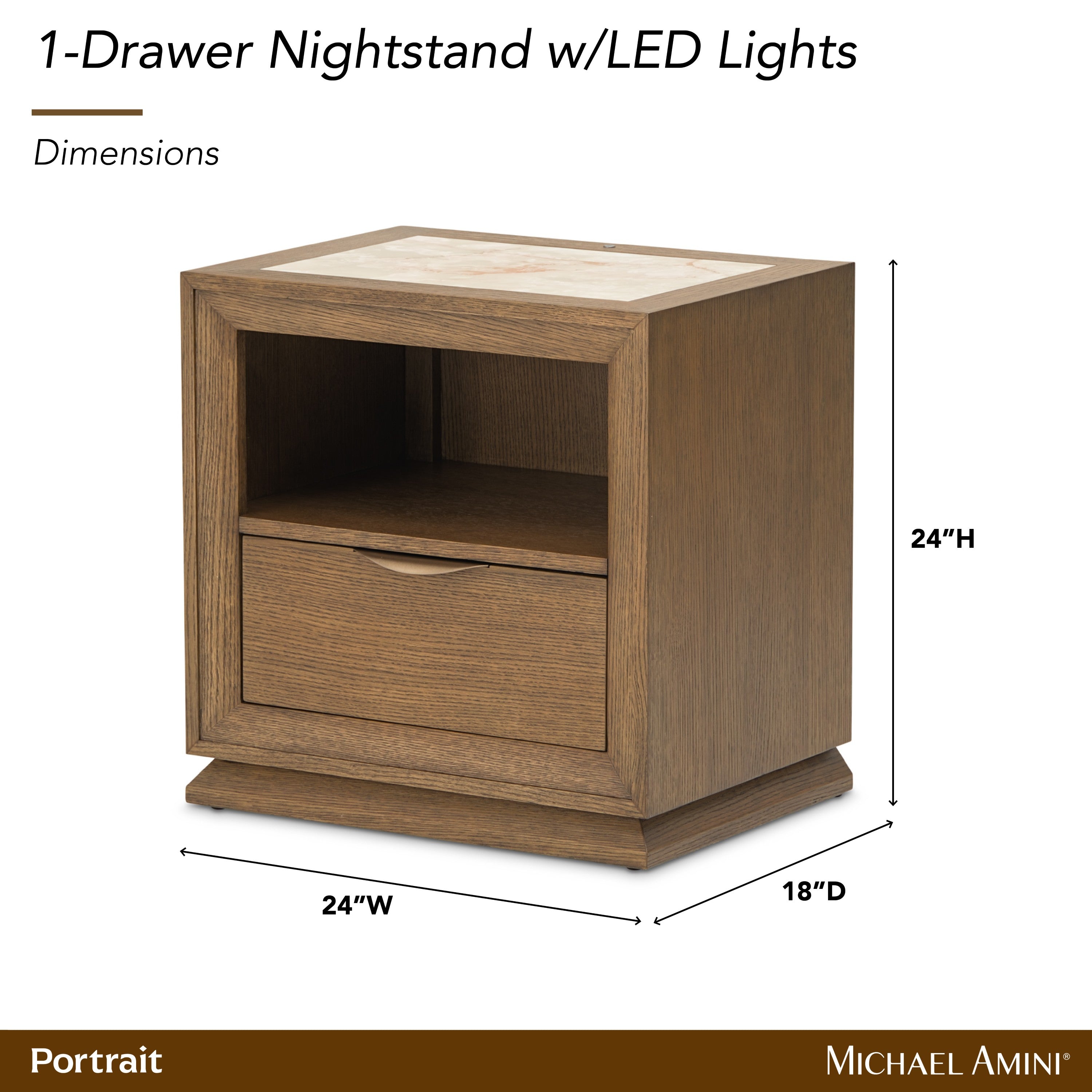 Michael Amini Portrait 1-Drawer Nightstand with LED Lights - Sienna Brown