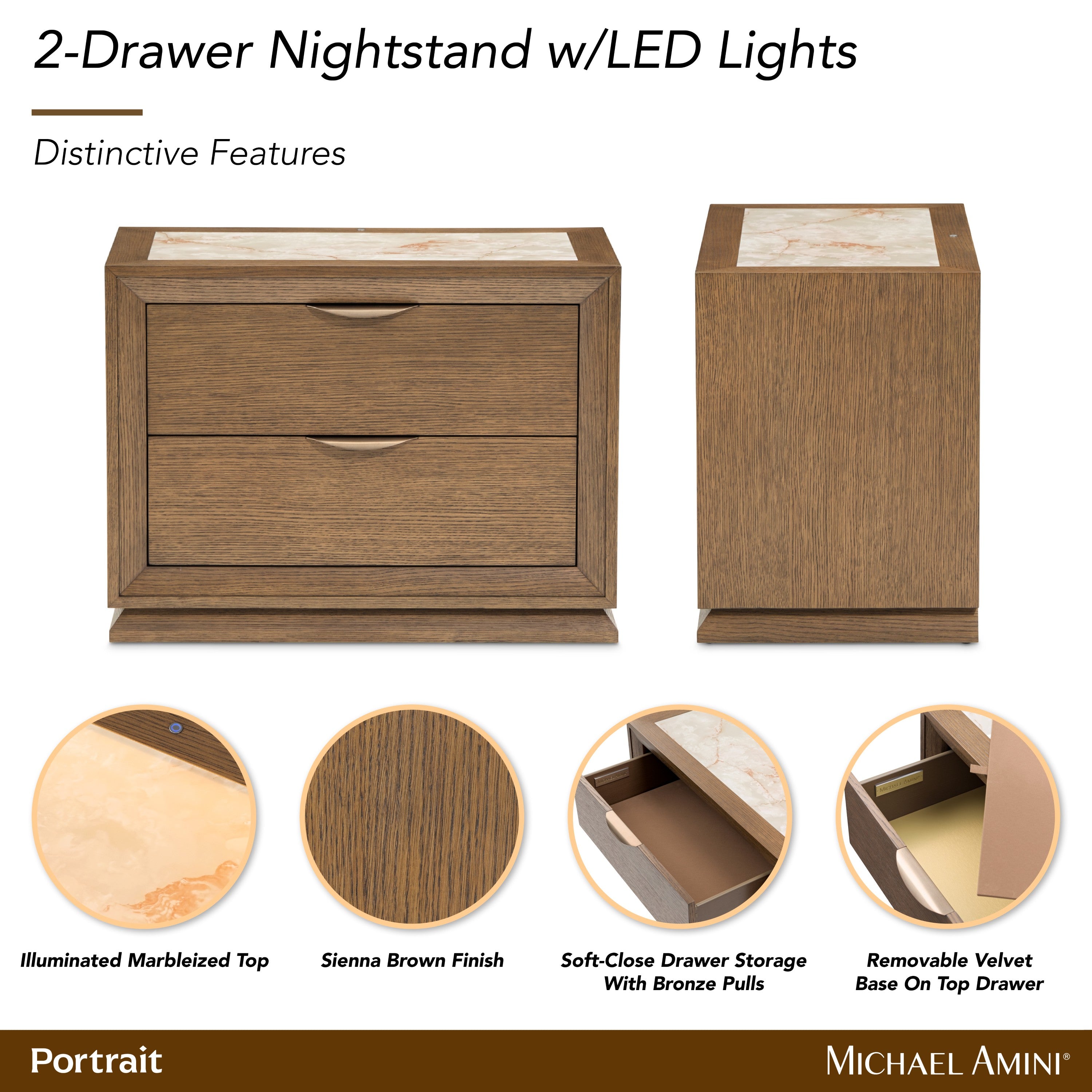 Michael Amini Portrait 2-Drawer Nightstand with LED Lights - Sienna Brown