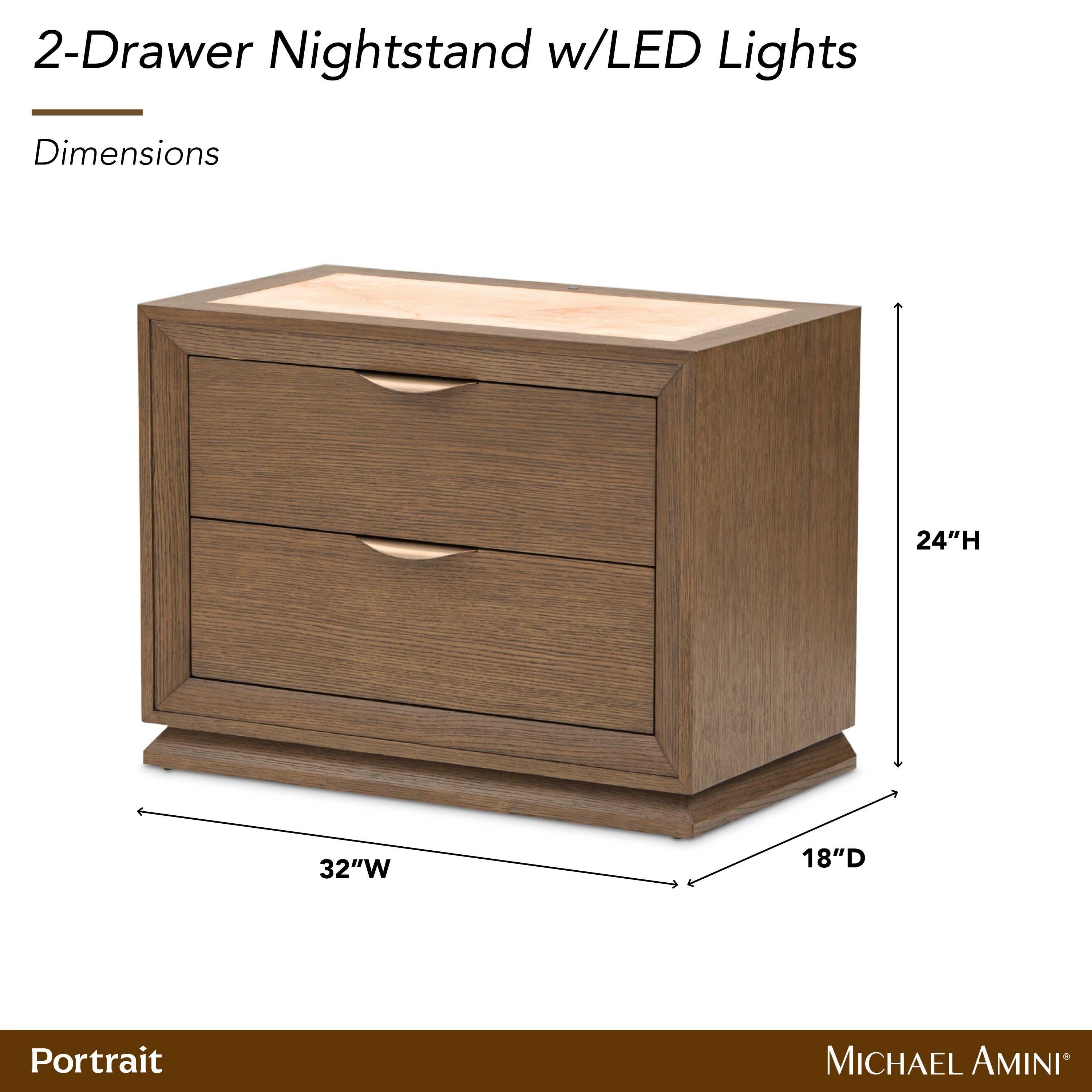 Michael Amini Portrait 2-Drawer Nightstand with LED Lights - Sienna Brown
