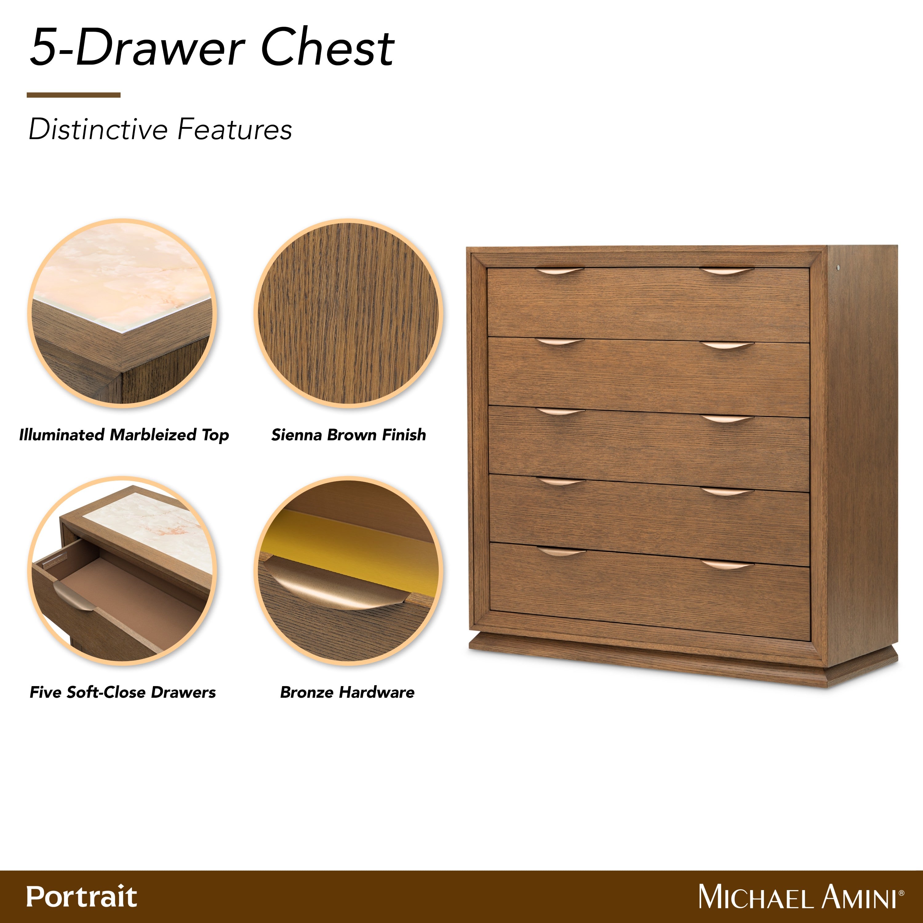 Michael Amini Portrait 5-Drawer Chest with LED Lights - Sienna Brown