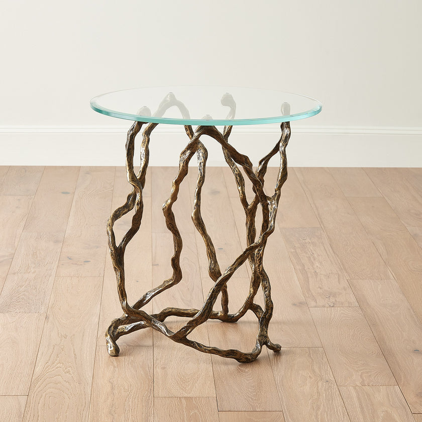 Global Views Twistwood Side Table-Antique Brass