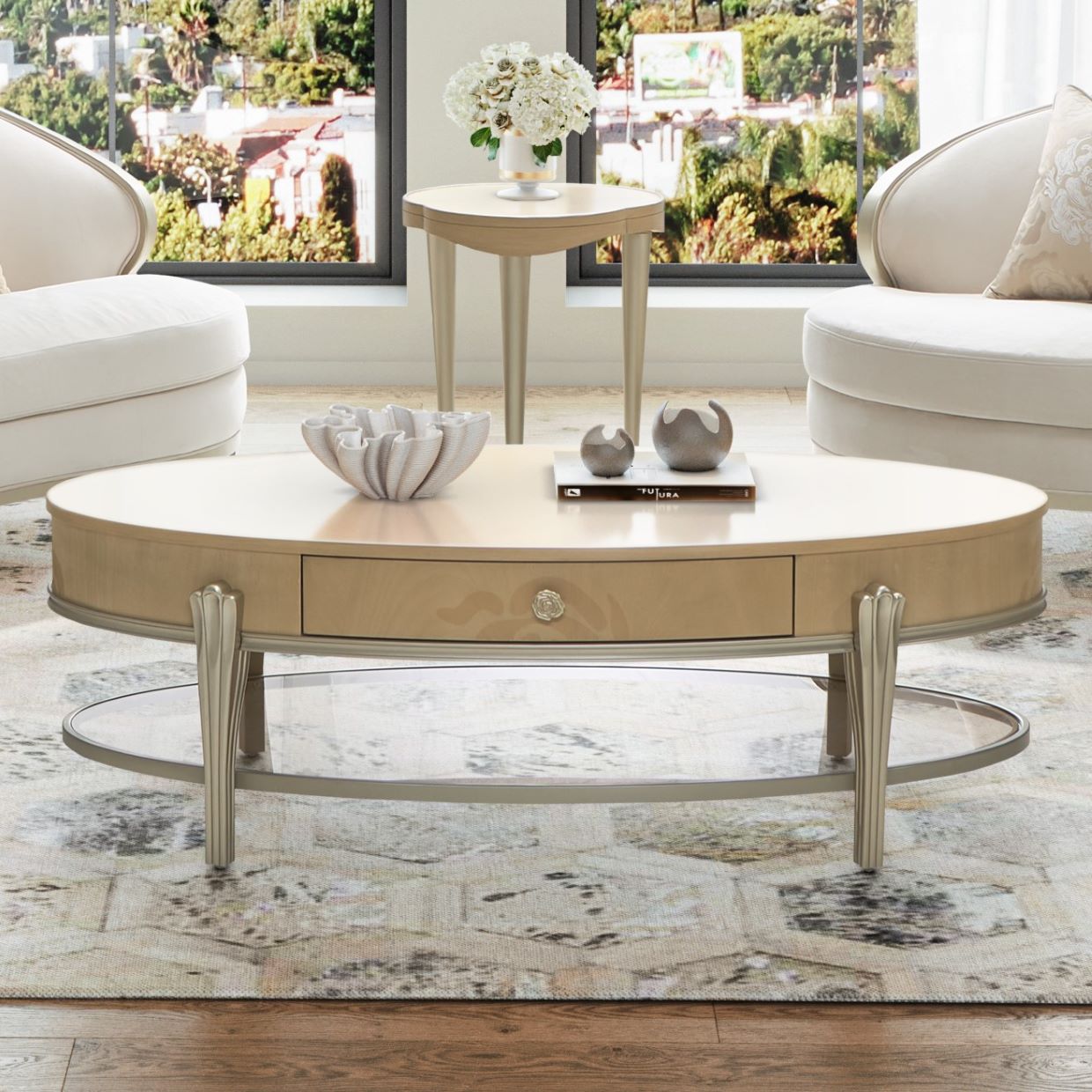 Michael Amini Camellia Field Caramel Oval Cocktail Table