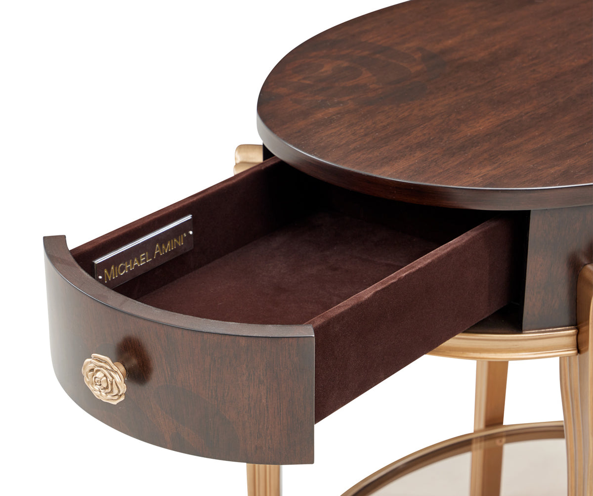 Michael Amini Camellia Field Caramel Round End Table w Drawer