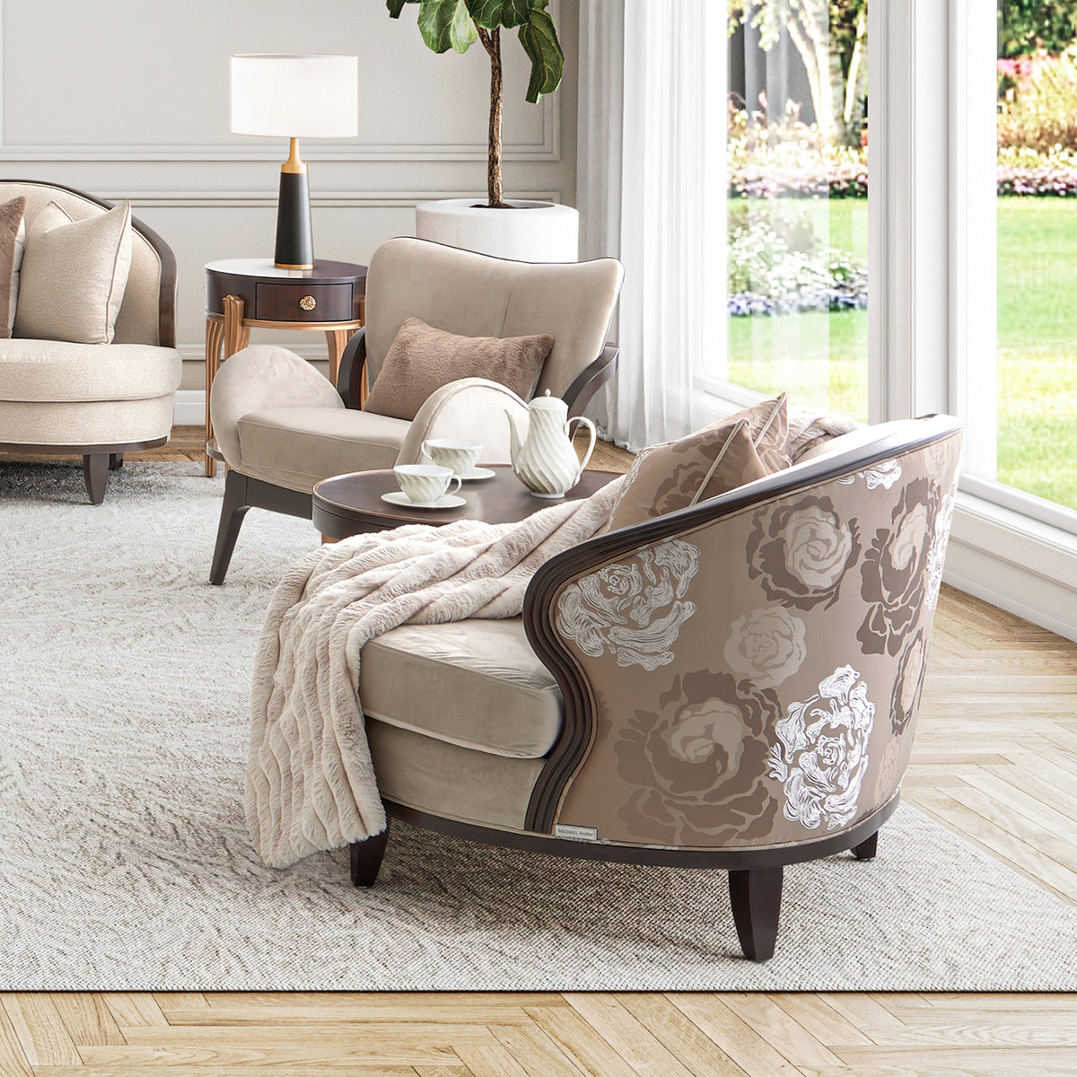 Michael Amini Camellia Field Caramel Round End Table w Drawer