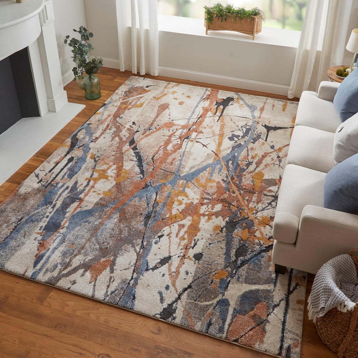 Feizy Gilmore 39MPF Modern Watercolor Rug in Blue/Orange/Gray