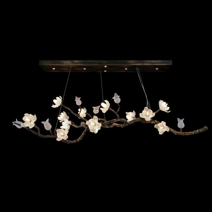 John Richard Churippu Magnolia & Tulip Glass Bronze Oblong Nineteen-Light Chandelier