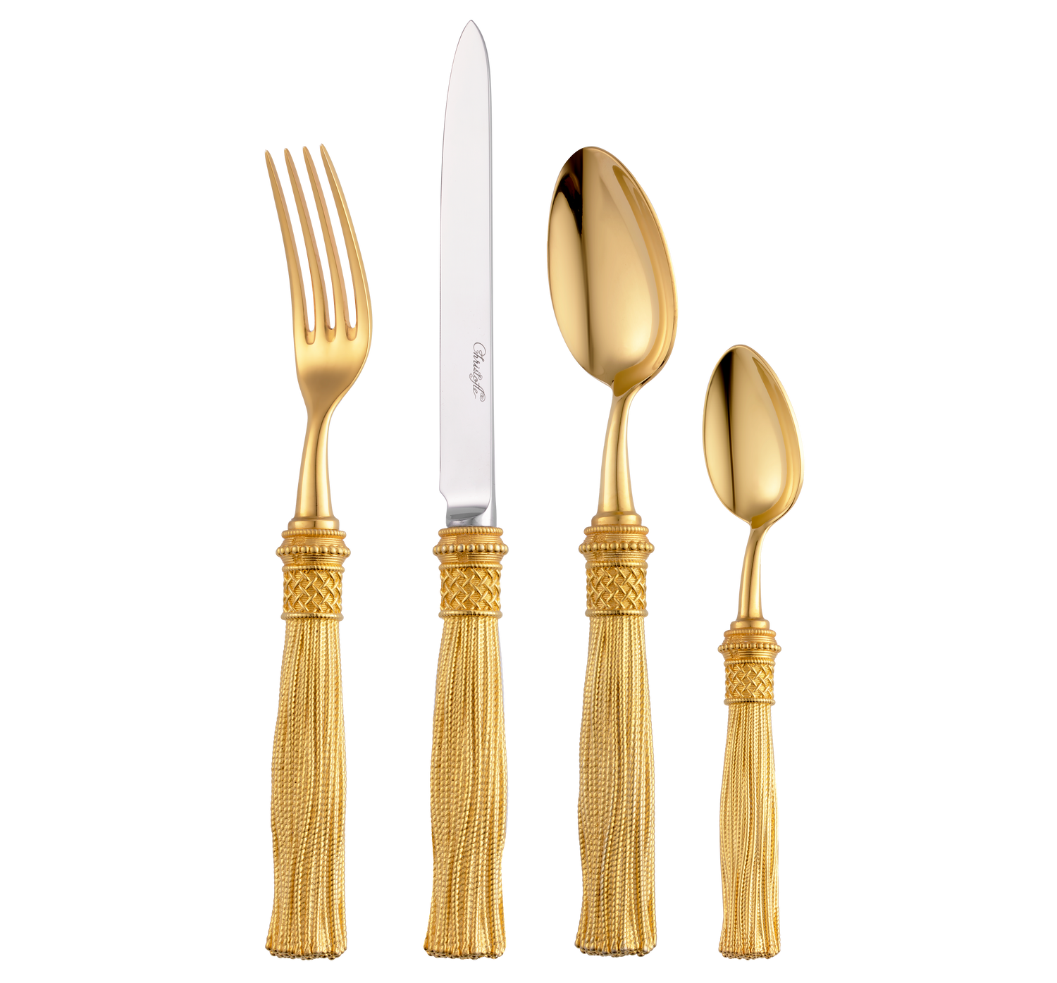Christofle Pompon Silver Plated Gilded 4-Piece Cutlery Set
