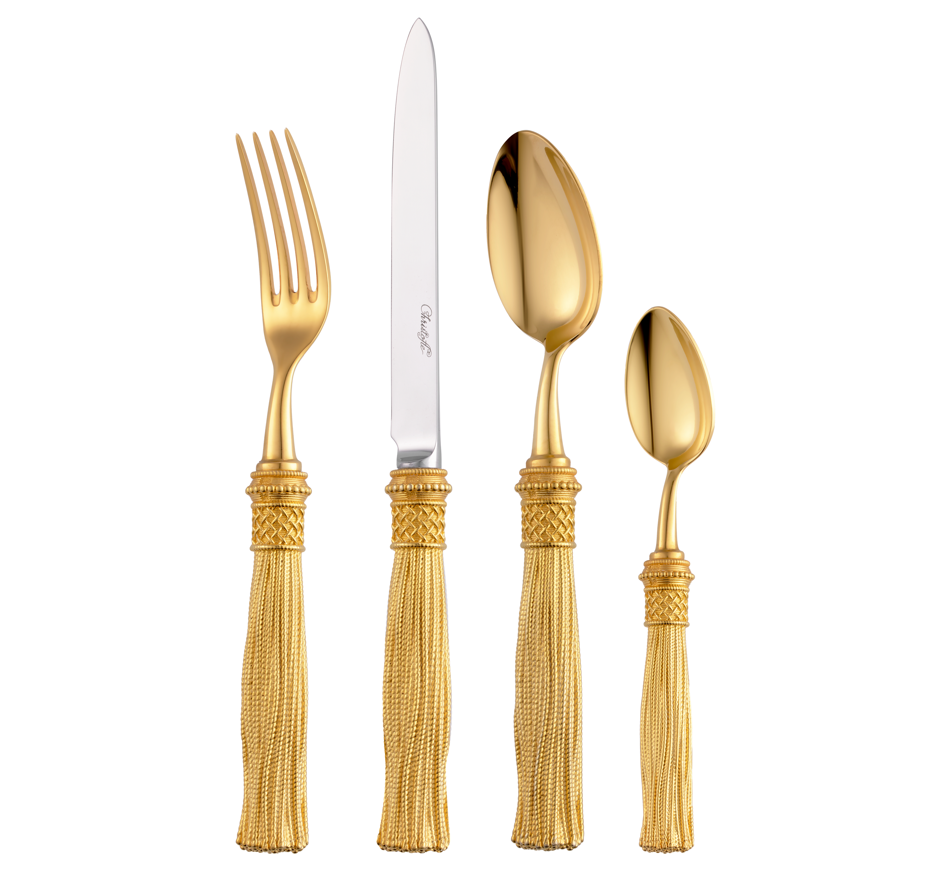Christofle Pompon Silver Plated Gilded 4-Piece Cutlery Set