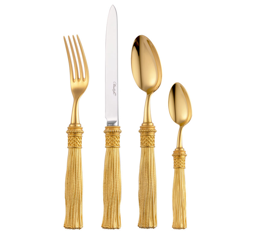 Christofle Pompon Silver Plated Gilded 4-Piece Cutlery Set
