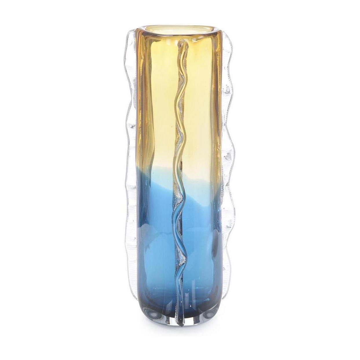 John Richard Blue And Yellow Rippled Handblown Glass Vase I