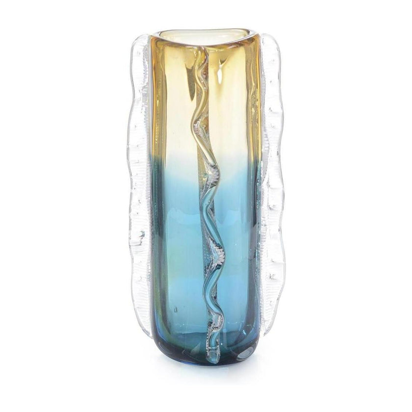 John Richard Decor Blue And Yellow Rippled Handblown Glass Vase II